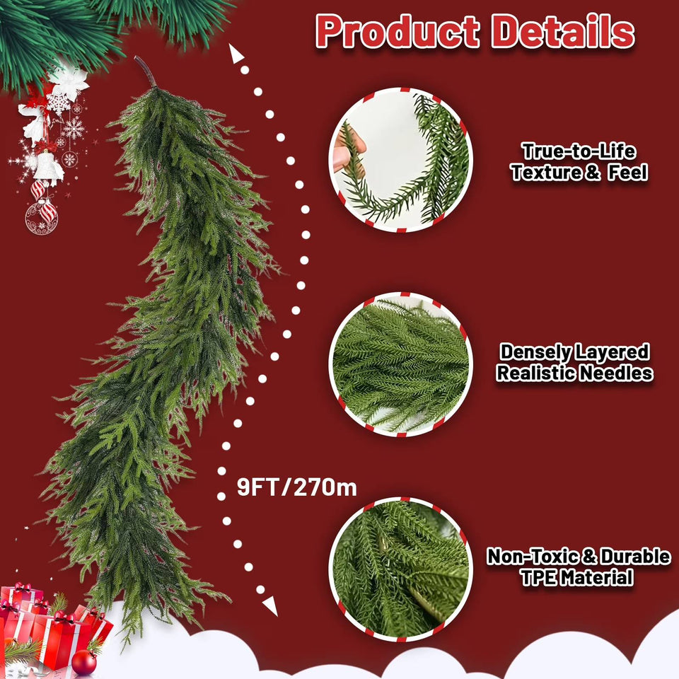 Christmas Norfolk Pine Garland, 9 ft Artificial Cedar Garlands Realistic Touch , Winter Greenery Garland for Holiday with 12 pcs Velvet Christmas Bows and 2 pairs Christmas Bells