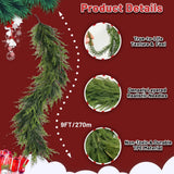 Christmas Norfolk Pine Garland, 9 ft Artificial Cedar Garlands Realistic Touch , Winter Greenery Garland for Holiday with 12 pcs Velvet Christmas Bows and 2 pairs Christmas Bells