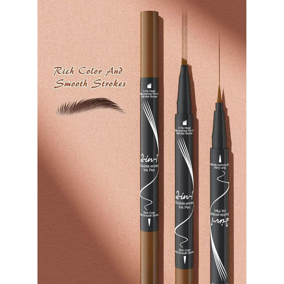 2-in-1 Microblading Eyebrow Pen Last All-Day Eyebrow Pencil Magical Waterproof Eye Brow Pencils with 4-Fork-Tip & Precise Brush-Tip for Natural Hair Like Strokes (Dark Brown)