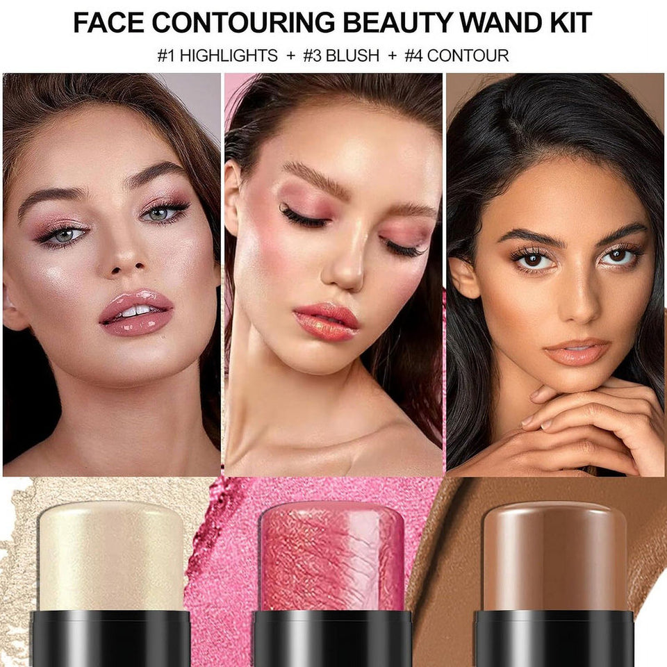 Contour Stick, Highlight Stick, Blush Stick, Cream Contour Kit with Brush, Create Face Contour, Non-greasy, Waterproof Long-lasting Effect, Highlighter Makeup Stick 3 colors