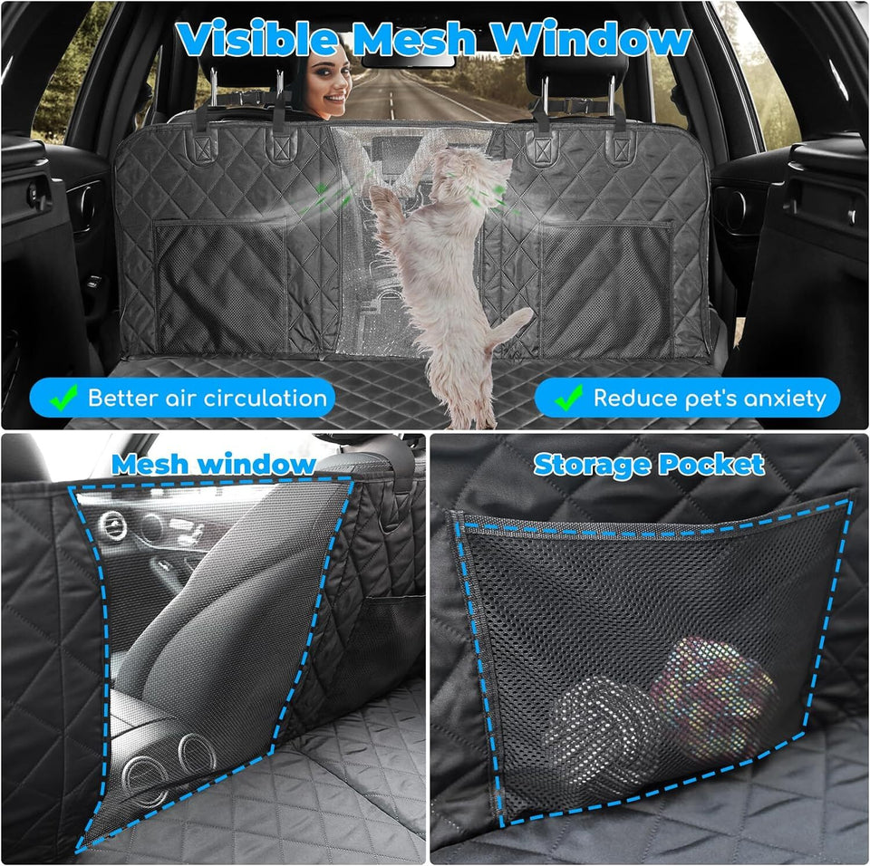 Back Seat Extender for Dogs,Dog Car Seat Covers, Hard Dog Bed Pet Seat Cover with Mesh Window and Storage Pocket, Waterproof Dog Hammock Travel Bed for Car, SUV