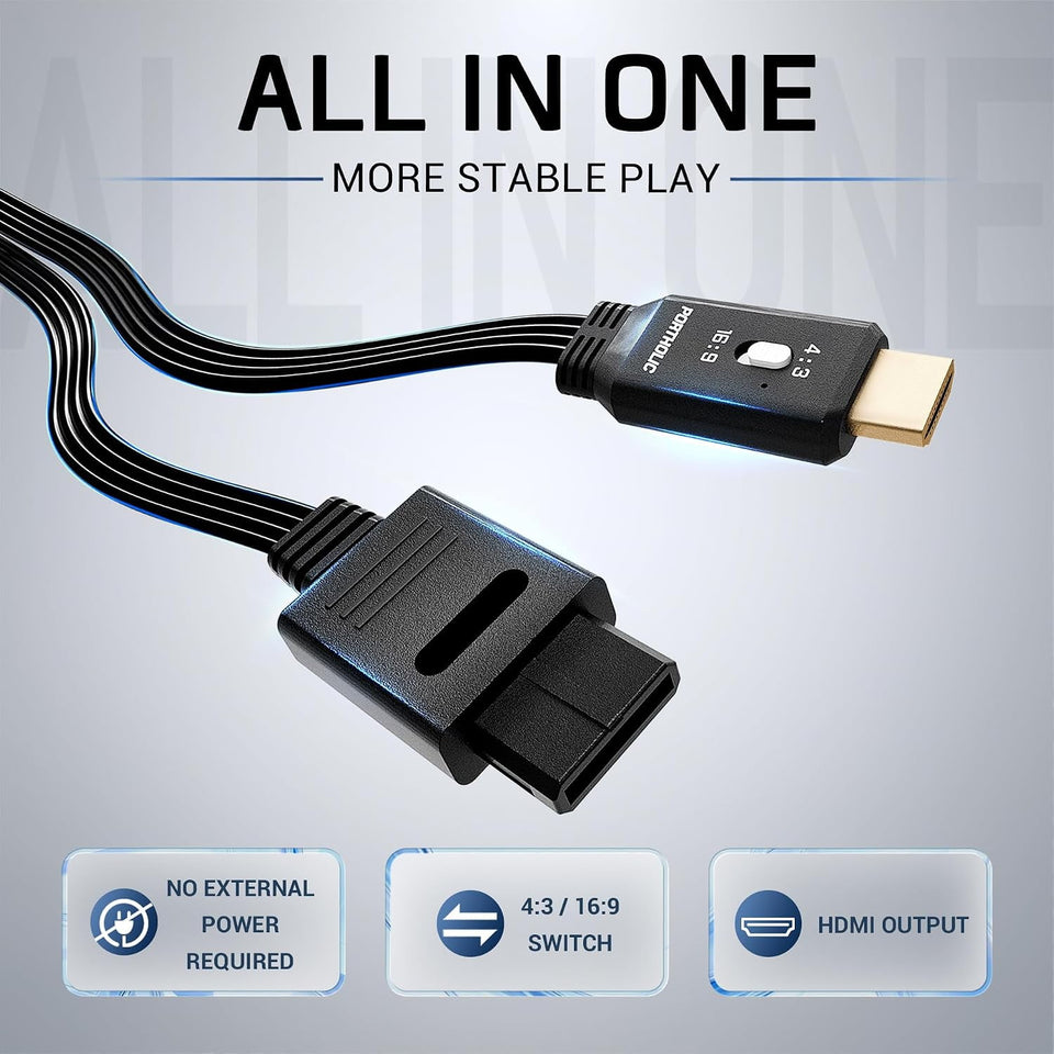 PORTHOLIC N64 to HDMI Converter, 4-in-1 HDMI Cable for GameCube SNES SFC, 4:3/16:9 Switchable, 1.5m/4.92FT, No External Power Needed