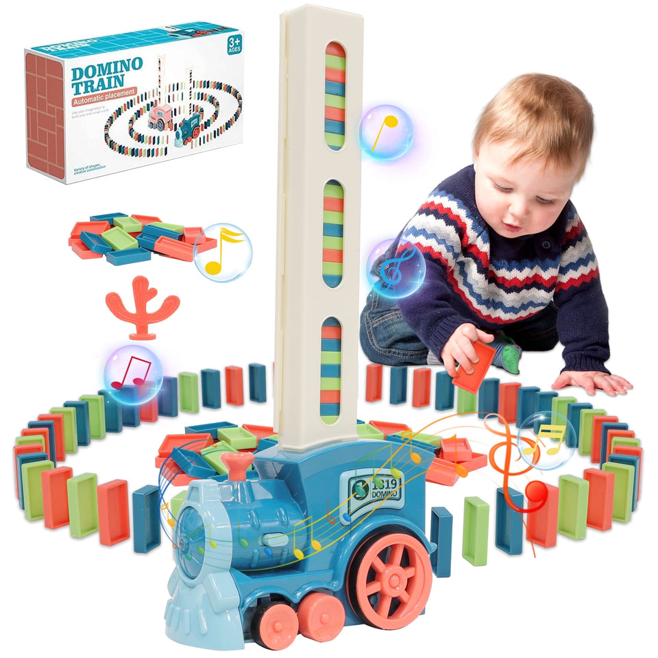 Upgrade Electric Domino Train Toy Set, Creative Automatic Domino Train, Dominoes Rally Train Sets, Locomotive Dominos Train Toys for Kids Boys and Girls Age 3-12 (120 Dominoes, Blue)