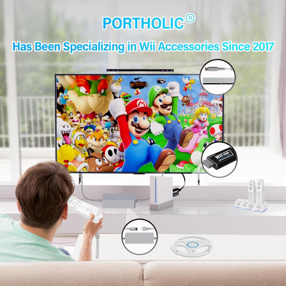 4 in 1 Wii Replacement Cables Set, PORTHOLIC Wii AC Power Adapter + Wii to hdmi Converter+ Wired Motion Sensor Bar and Composite Audio Video Cable for Nintendo Wii