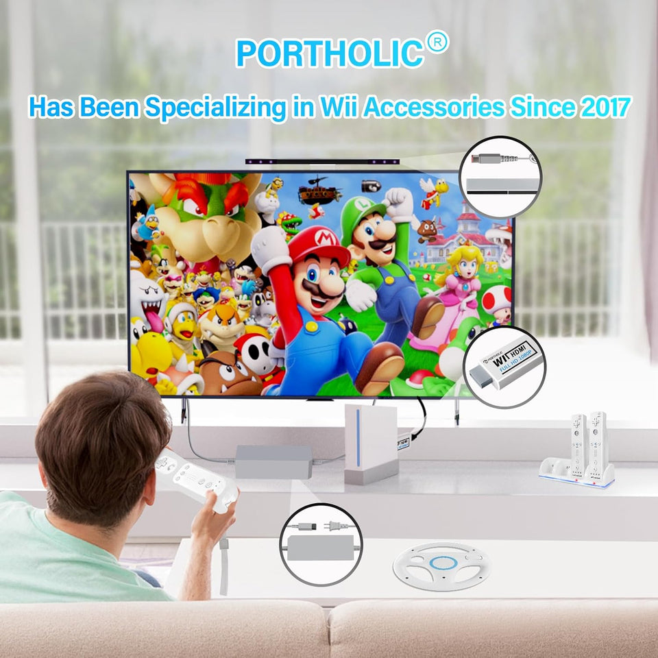 4 in 1 Wii Replacement Cables Set, PORTHOLIC Wii AC Power Adapter + Wii to hdmi Converter+ Wired Motion Sensor Bar and Composite Audio Video Cable for Nintendo Wii