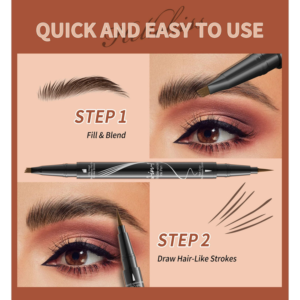 2-in-1 Microblading Eyebrow Pen Last All-Day Eyebrow Pencil Magical Waterproof Eye Brow Pencils with 4-Fork-Tip & Precise Brush-Tip for Natural Hair Like Strokes (Light Brown)