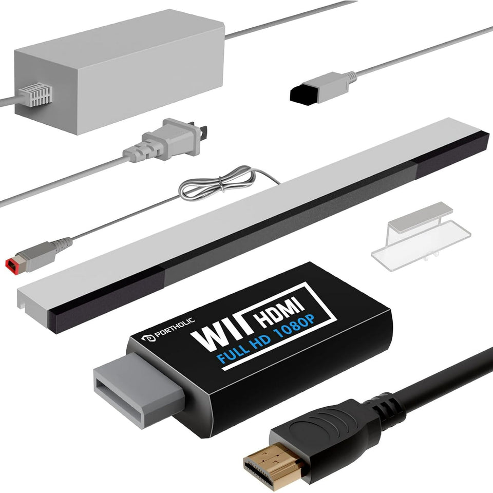 4 in 1 Wii Replacement Cables Set, PORTHOLIC Wii AC Power Adapter + Wii to hdmi Converter+ Wired Motion Sensor Bar and Composite Audio Video Cable for Nintendo Wii