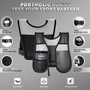 PORTHOLIC Running Vest for Women Men with 500ml/17oz Water Bottle |Adjustable Hydration Vest|Reflective |Lightweight |6 Pockets |Breathablefor Running Accessories for Hiking Running (Gray,Large)