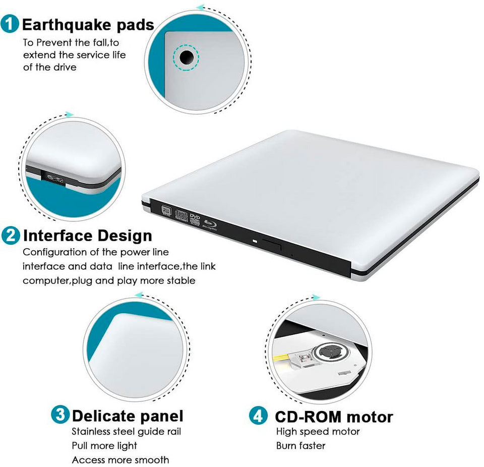 External 3D Blu ray CD DVD Drive, Portable USB 3.0 and Type-C Blu-ray CD/DVD+/-RW Burner Player Writer Reader Rewriter for PC Netbook Laptop Desktop with Mac OS Windows XP/7/8/10 Silver