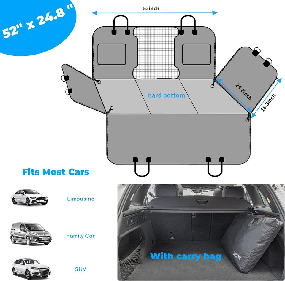 Back Seat Extender for Dogs,Dog Car Seat Covers, Hard Dog Bed Pet Seat Cover with Mesh Window and Storage Pocket, Waterproof Dog Hammock Travel Bed for Car, SUV