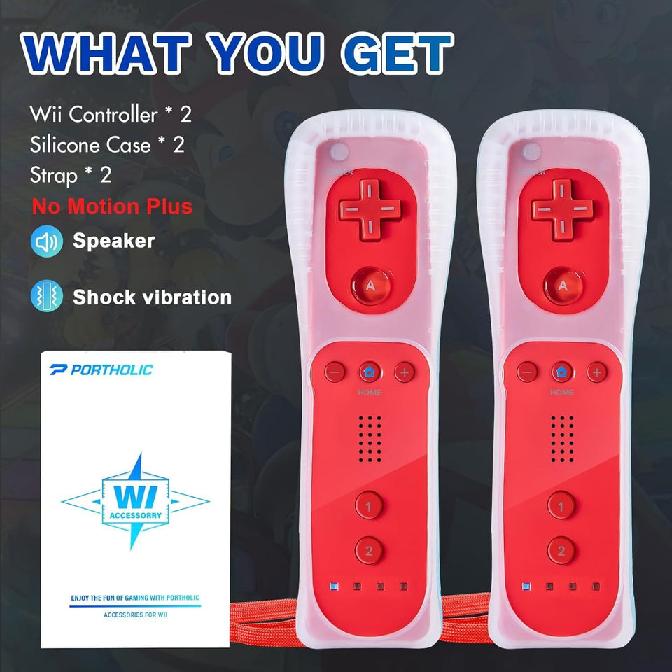 Wii Remote Controller,PORTHOLIC 2 Packs Upgrade Wii Wireless Controller Compatible with Nintendo Wii Wii U Console (Red,2pcs)