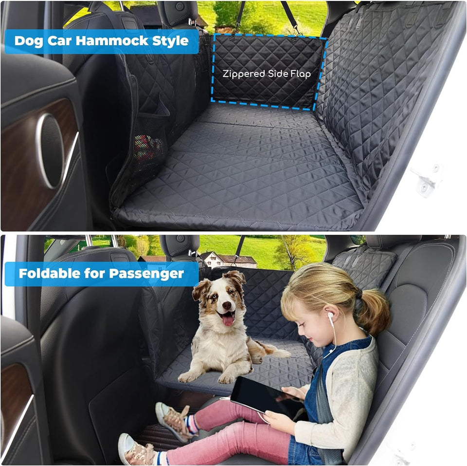 Back Seat Extender for Dogs,Dog Car Seat Covers, Hard Dog Bed Pet Seat Cover with Mesh Window and Storage Pocket, Waterproof Dog Hammock Travel Bed for Car, SUV