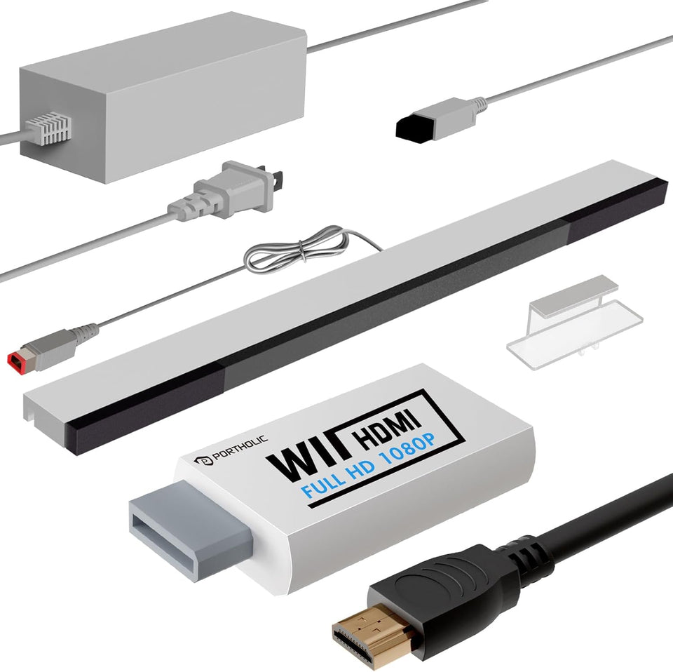 4 in 1 Wii Replacement Cables Set, PORTHOLIC Wii AC Power Adapter + Wii to hdmi Converter+ Wired Motion Sensor Bar and Composite Audio Video Cable for Nintendo Wii