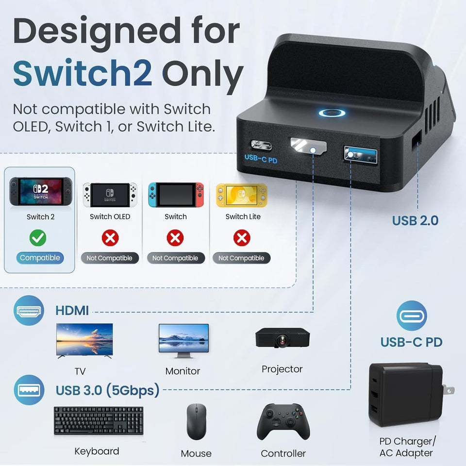 Docking Station for Nintendo Switch 2, Portable TV Dock with 4K@120Hz HDMI Output, 60W PD Charging, USB 3.0 & USB 2.0 Ports