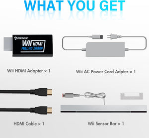 4 in 1 Wii Replacement Cables Set, PORTHOLIC Wii AC Power Adapter + Wii to hdmi Converter+ Wired Motion Sensor Bar and Composite Audio Video Cable for Nintendo Wii