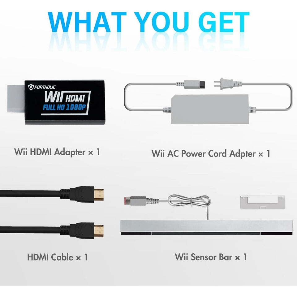 4 in 1 Wii Replacement Cables Set, PORTHOLIC Wii AC Power Adapter + Wii to hdmi Converter+ Wired Motion Sensor Bar and Composite Audio Video Cable for Nintendo Wii
