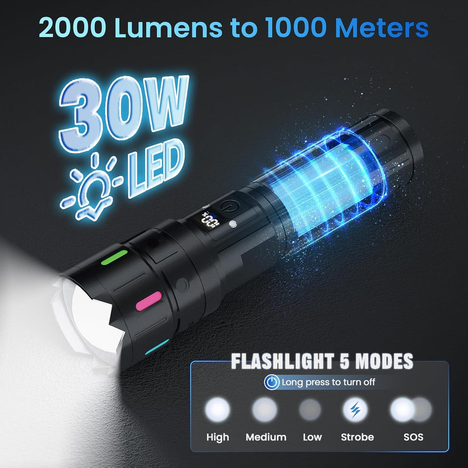 Rechargeable Flashlight, 2000 High Lumens, 5 Modes Super Bright LED Flashlight with Magnetic Tail, USB-C Charging,1000m Long Distance, IPX54 Waterproof for Camping Hiking