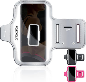 PORTHOLIC 2025 Running Armband with Large Reflective Strips, for iPhone 16 15 Pro 14 Plus 13 11 XR XS, Galaxy S25/24/S10