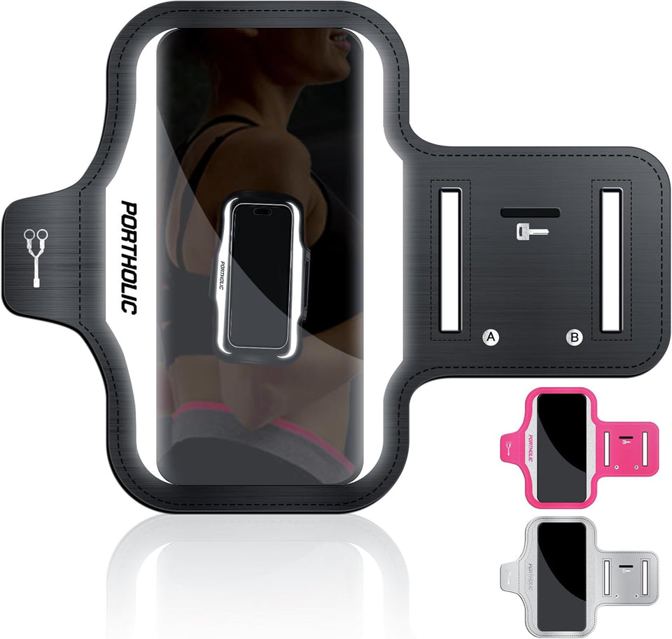 PORTHOLIC 2025 Running Armband with Large Reflective Strips, for iPhone 16 15 Pro 14 Plus 13 11 XR XS, Galaxy S25/24/S10