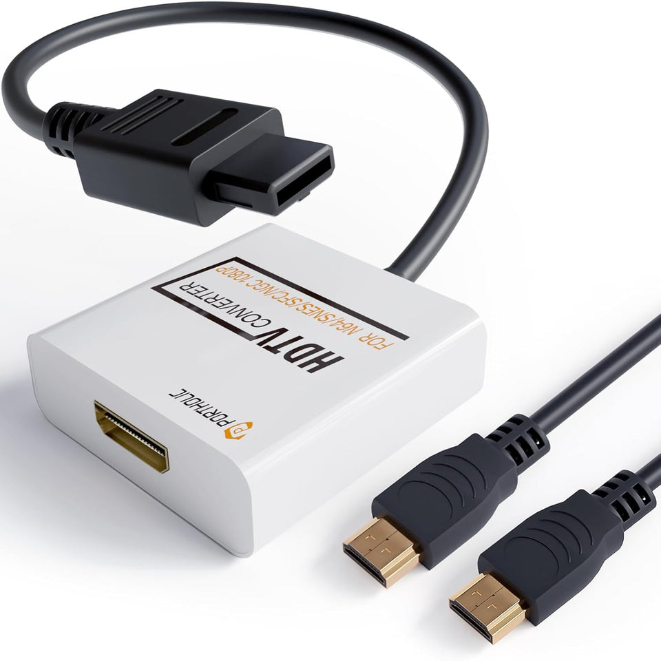 PORTHOLIC N64 to HDMI Converter Adapter for Full HD Device,SNES HDMI Adapter with HDMI Cable Support Conversion Compatible with N64/SNES/NGC/SFC/Gamecube（Plug and Play Black）