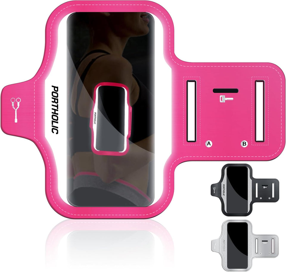PORTHOLIC 2025 Running Armband with Large Reflective Strips, for iPhone 16 15 Pro 14 Plus 13 11 XR XS, Galaxy S25/24/S10