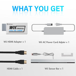 PORTHOLIC 4 in 1 Wii Replacement Cables Set, Wii AC Power Adapter + Wii to hdmi Converter+ Wired Motion Sensor Bar and Composite Audio Video Cable for Nintendo Wii