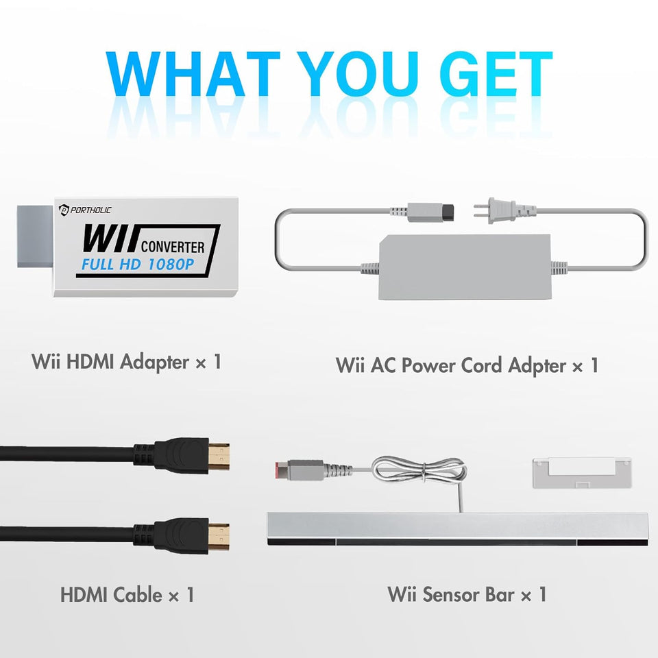 PORTHOLIC 4 in 1 Wii Replacement Cables Set, Wii AC Power Adapter + Wii to hdmi Converter+ Wired Motion Sensor Bar and Composite Audio Video Cable for Nintendo Wii
