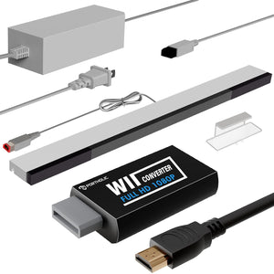 PORTHOLIC 4 in 1 Wii Replacement Cables Set, Wii AC Power Adapter + Wii to hdmi Converter+ Wired Motion Sensor Bar and Composite Audio Video Cable for Nintendo Wii