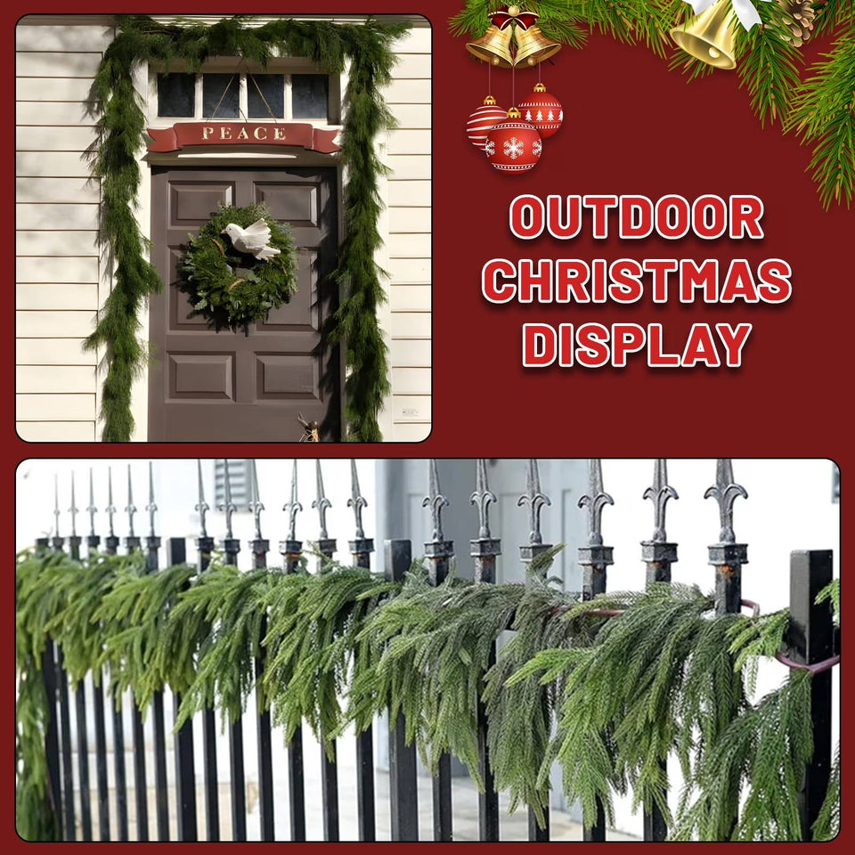 Christmas Norfolk Pine Garland, 9 ft Artificial Cedar Garlands Realistic Touch , Winter Greenery Garland for Holiday with 12 pcs Velvet Christmas Bows and 2 pairs Christmas Bells
