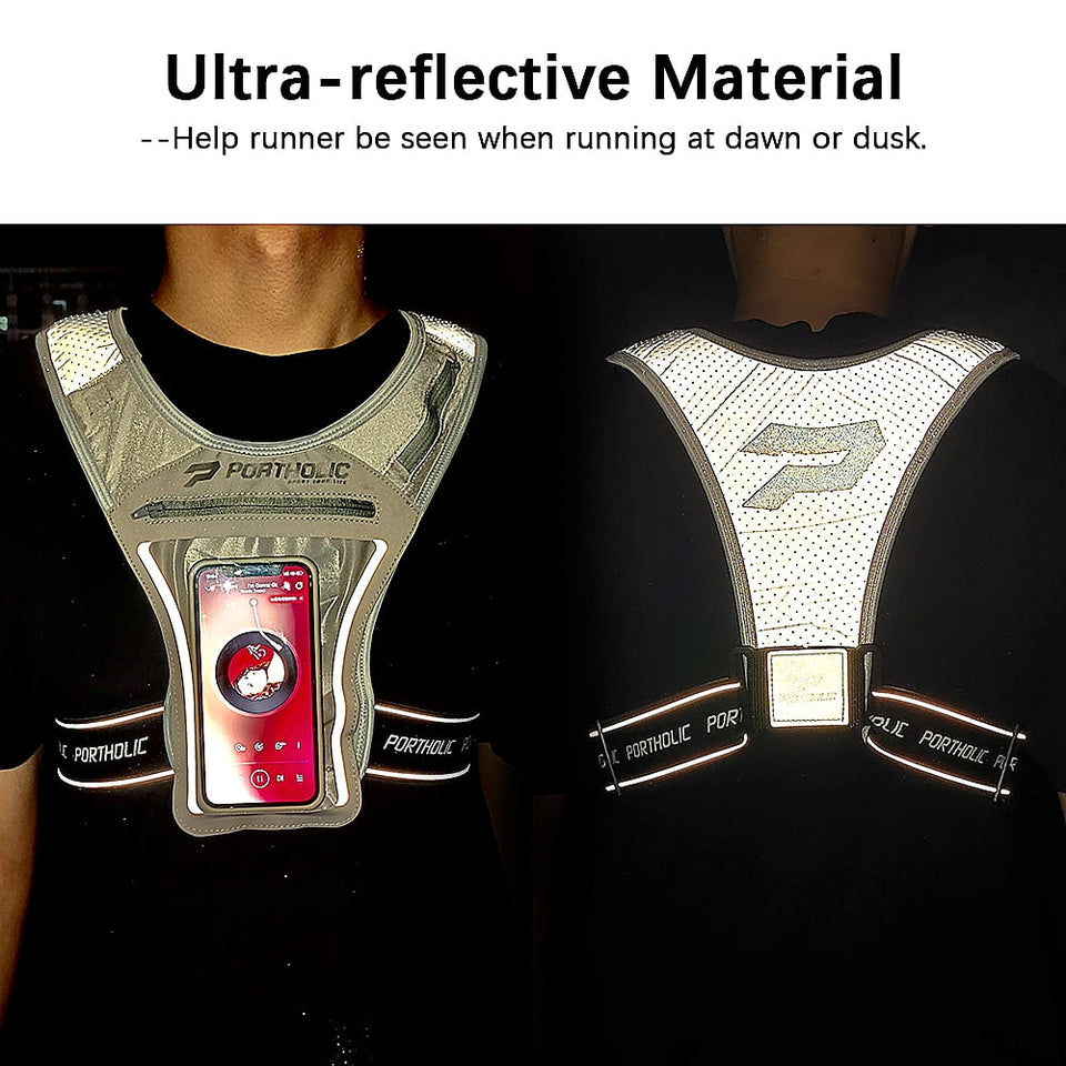 Running Vest with Cellphone Holder, PORTHOLIC Reflective Warnwest with Visible Phone Pouch, Adjustable Waistband and Muti-pockets for Sport, Jogging, Cycling, Walk the dog(GARY)