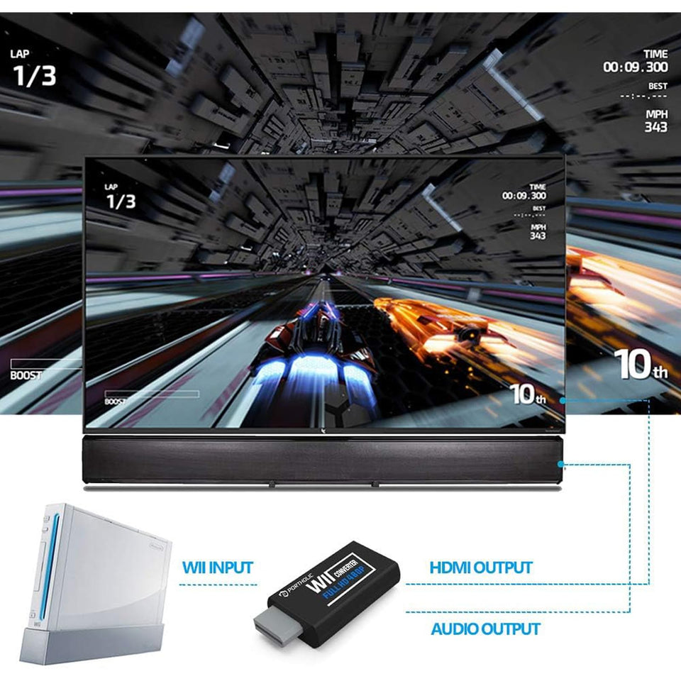 PORTHOLIC Wii to HDMI Converter 1080P for Full HD Device, Wii HDMI Adapter with 3,5mm Audio Jack&HDMI Output Compatible with Wii, Wii U, HDTV, Monitor-Supports All Wii Display Modes 720P, NTS