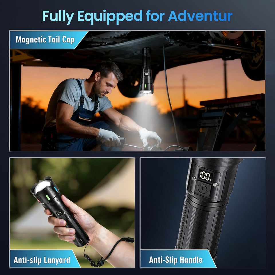 Rechargeable Flashlight 10000 High Lumens, 5 Modes Super Bright LED Flash light with Magnetic Tail,high powered 1000m Long Range linternas