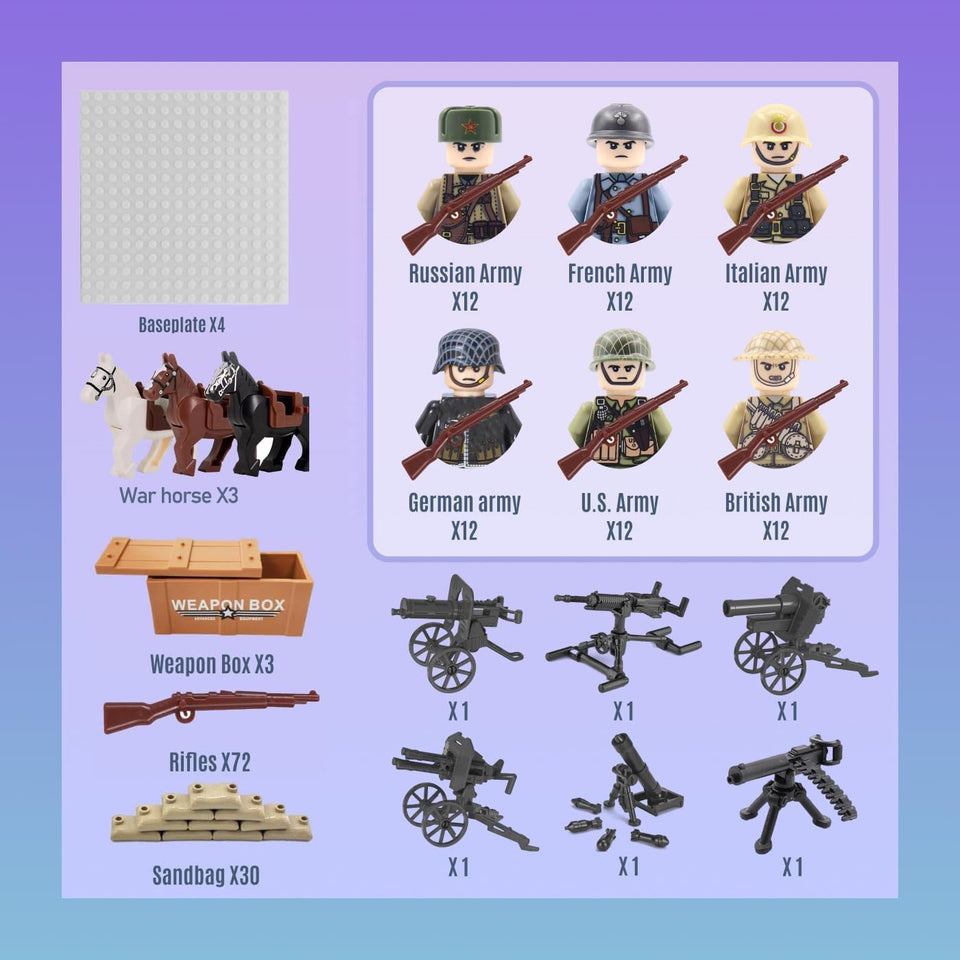 190 PCS WW2 Army Men Figures Sets | World War 2 Military Figures Pack | WW1 Soldier Building Set with Weapons and Baseplate