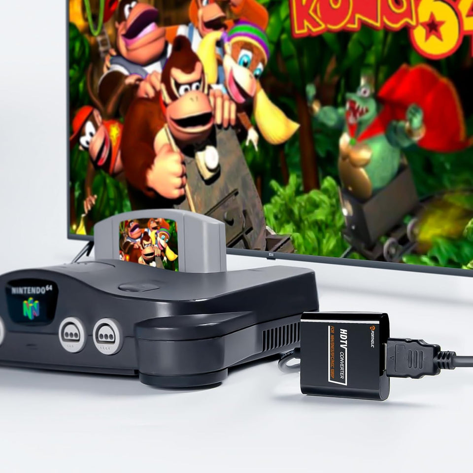 PORTHOLIC N64 to HDMI Converter Adapter for Full HD Device,SNES HDMI Adapter with HDMI Cable Support Conversion Compatible with N64/SNES/NGC/SFC/Gamecube（Plug and Play Black）