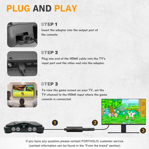 PORTHOLIC N64 to HDMI Converter Adapter for Full HD Device,SNES HDMI Adapter with HDMI Cable Support Conversion Compatible with N64/SNES/NGC/SFC/Gamecube（Plug and Play Black）