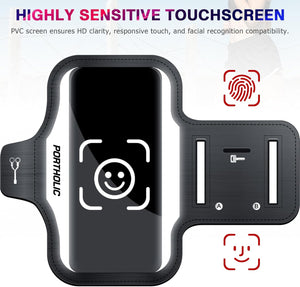 PORTHOLIC 2025 Running Armband with Large Reflective Strips, for iPhone 16 15 Pro 14 Plus 13 11 XR XS, Galaxy S25/24/S10