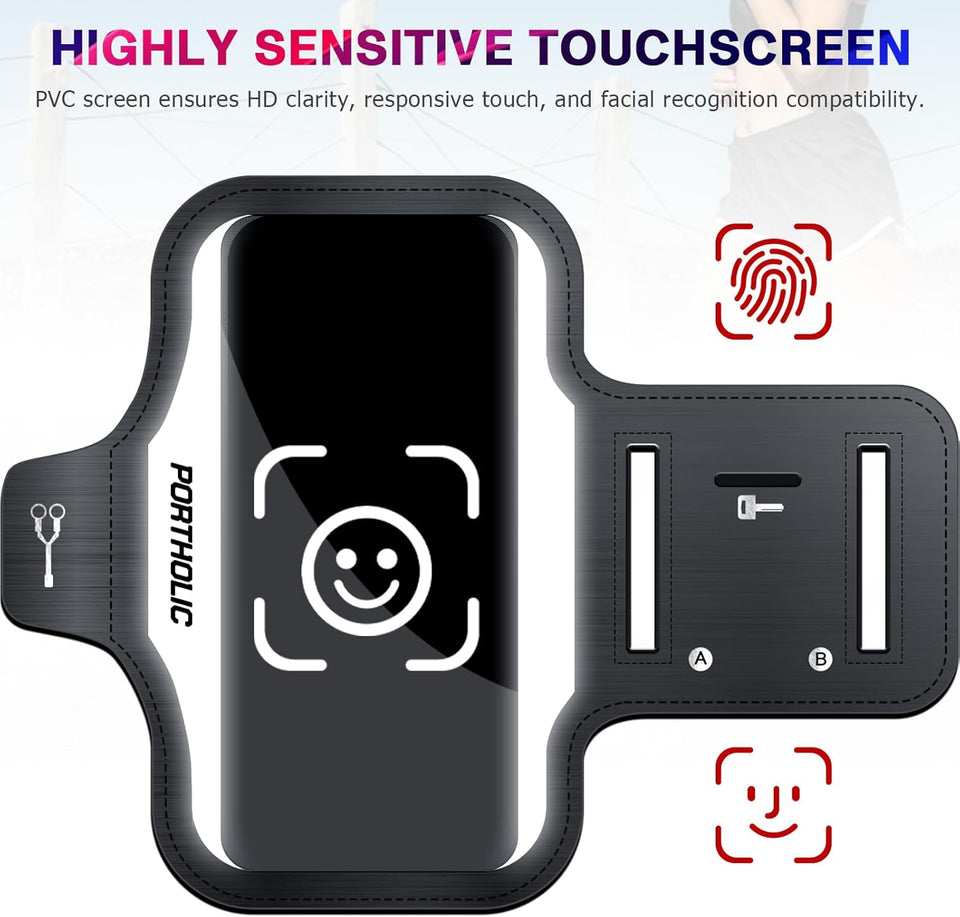 PORTHOLIC 2025 Running Armband with Large Reflective Strips, for iPhone 16 15 Pro 14 Plus 13 11 XR XS, Galaxy S25/24/S10