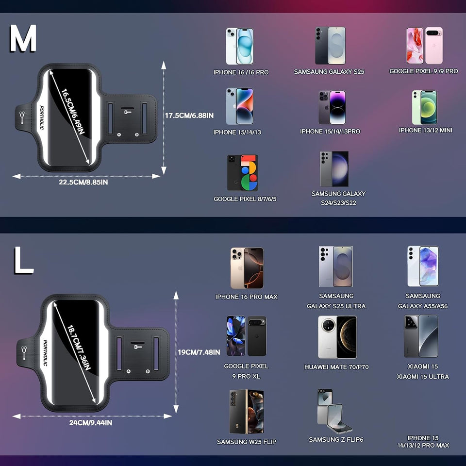 PORTHOLIC 2025 Running Armband with Large Reflective Strips, for iPhone 16 15 Pro 14 Plus 13 11 XR XS, Galaxy S25/24/S10