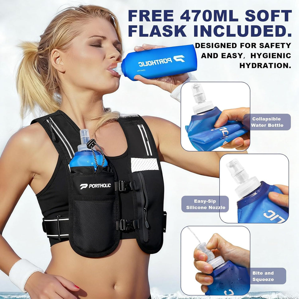 PORTHOLIC Running Vest for Women Men with 17oz Water Bottle |Adjustable Hydration Vest|Reflective |Lightweight |6 Pockets |Breathablefor Running Accessories for Hiking