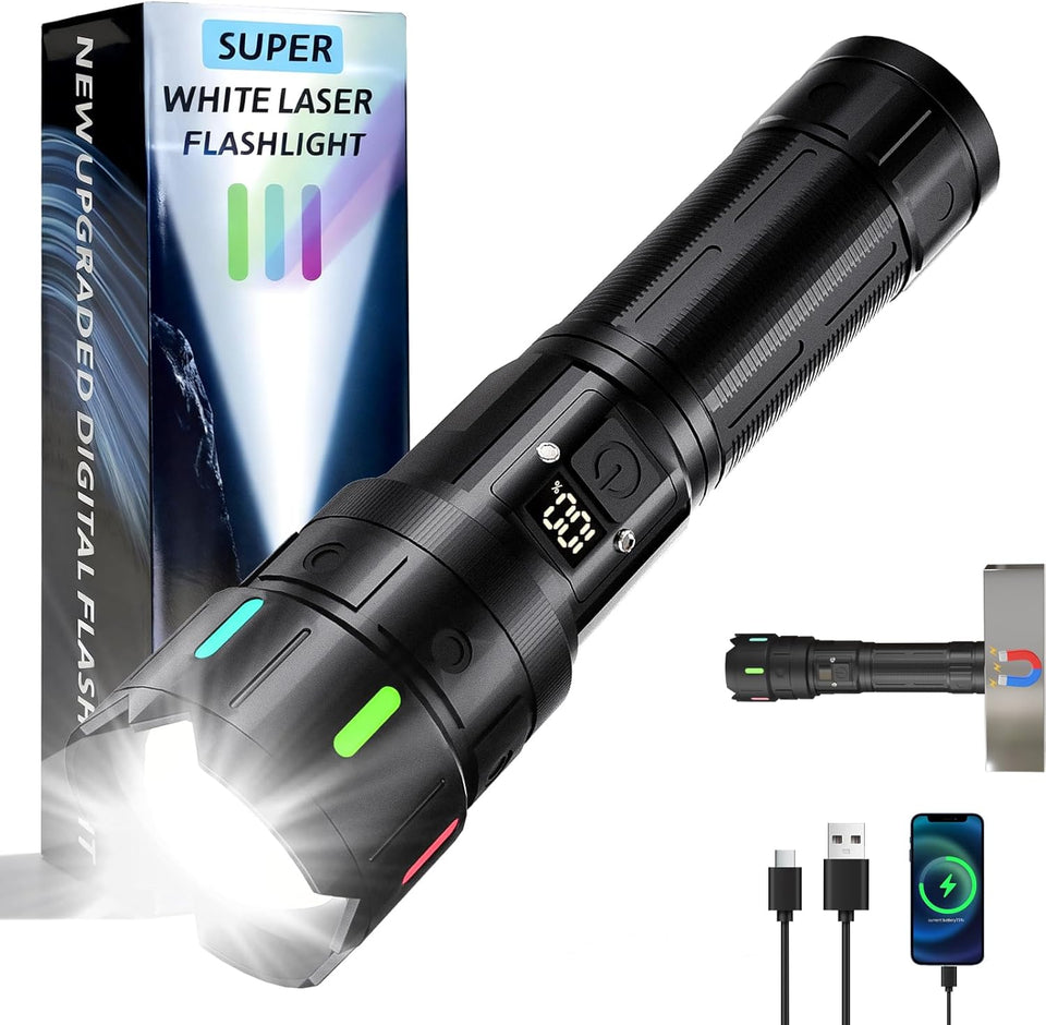 Rechargeable Flashlight 10000 High Lumens, 5 Modes Super Bright LED Flash light with Magnetic Tail,high powered 1000m Long Range linternas