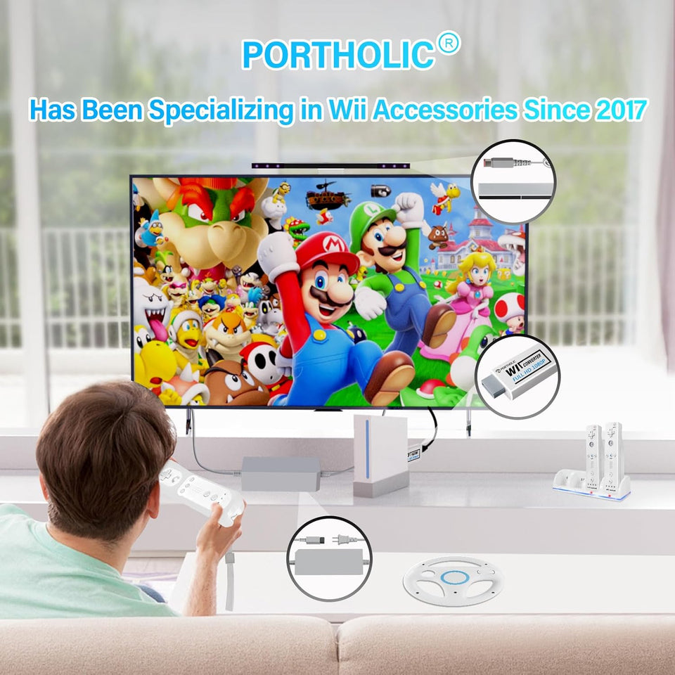 PORTHOLIC 4 in 1 Wii Replacement Cables Set, Wii AC Power Adapter + Wii to hdmi Converter+ Wired Motion Sensor Bar and Composite Audio Video Cable for Nintendo Wii