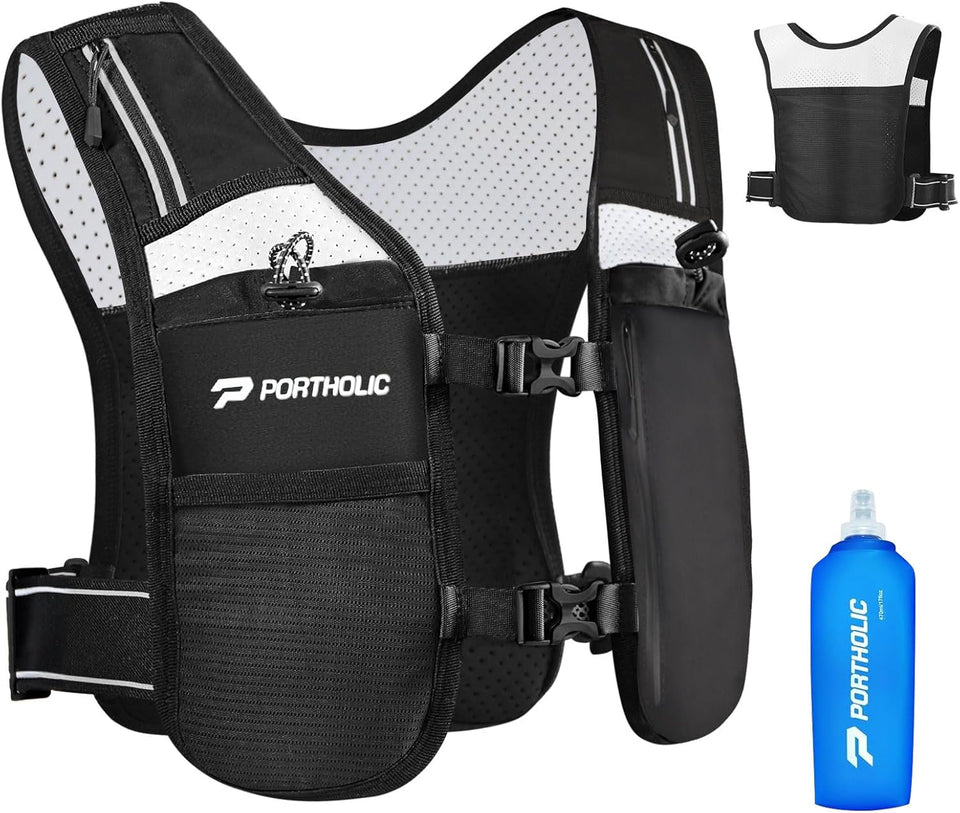 PORTHOLIC Running Vest for Women Men with 17oz Water Bottle |Adjustable Hydration Vest|Reflective |Lightweight |6 Pockets |Breathablefor Running Accessories for Hiking