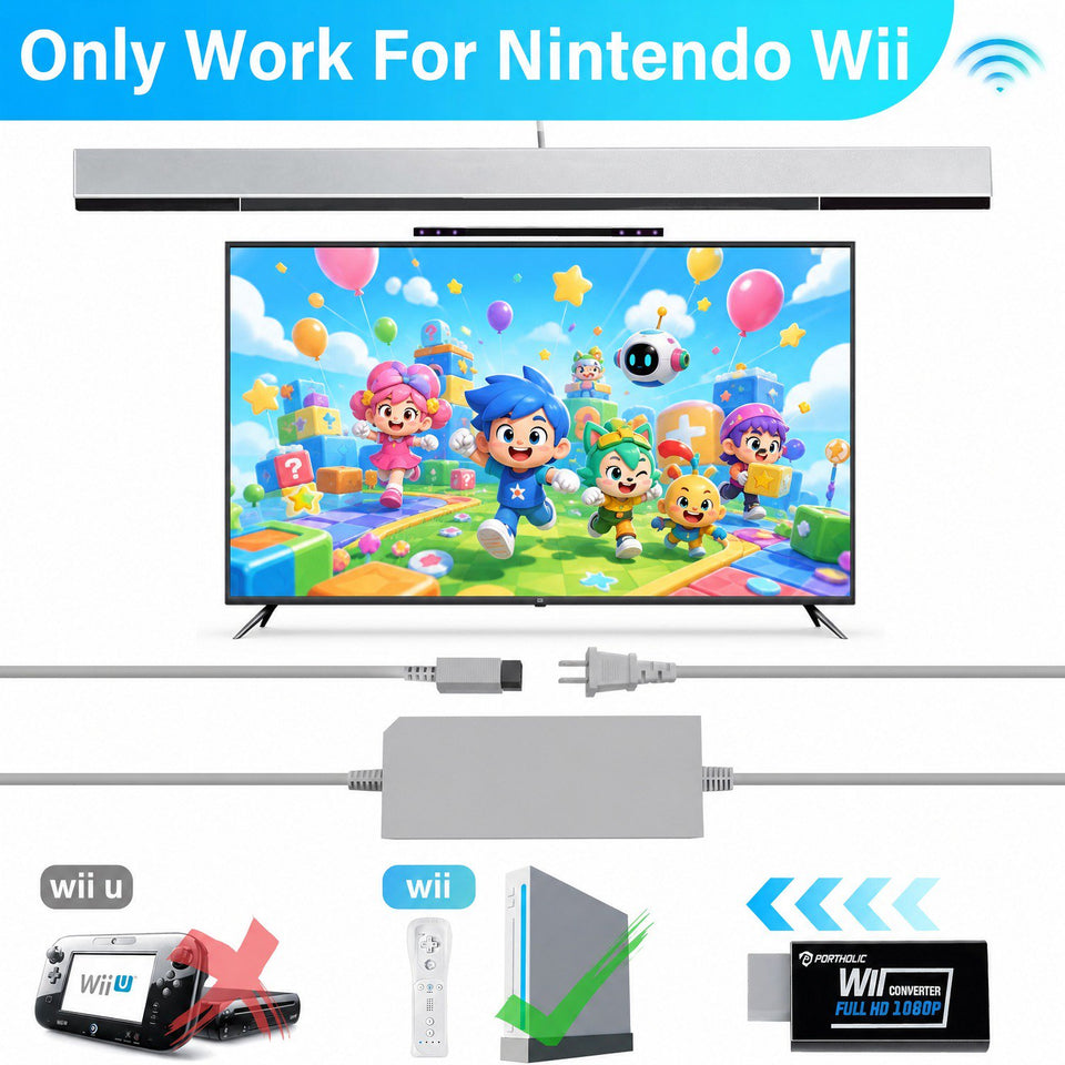 4 in 1 Wii Replacement Cables Set, PORTHOLIC Wii AC Power Adapter + Wii to hdmi Converter+ Wired Motion Sensor Bar and Composite Audio Video Cable for Nintendo Wii