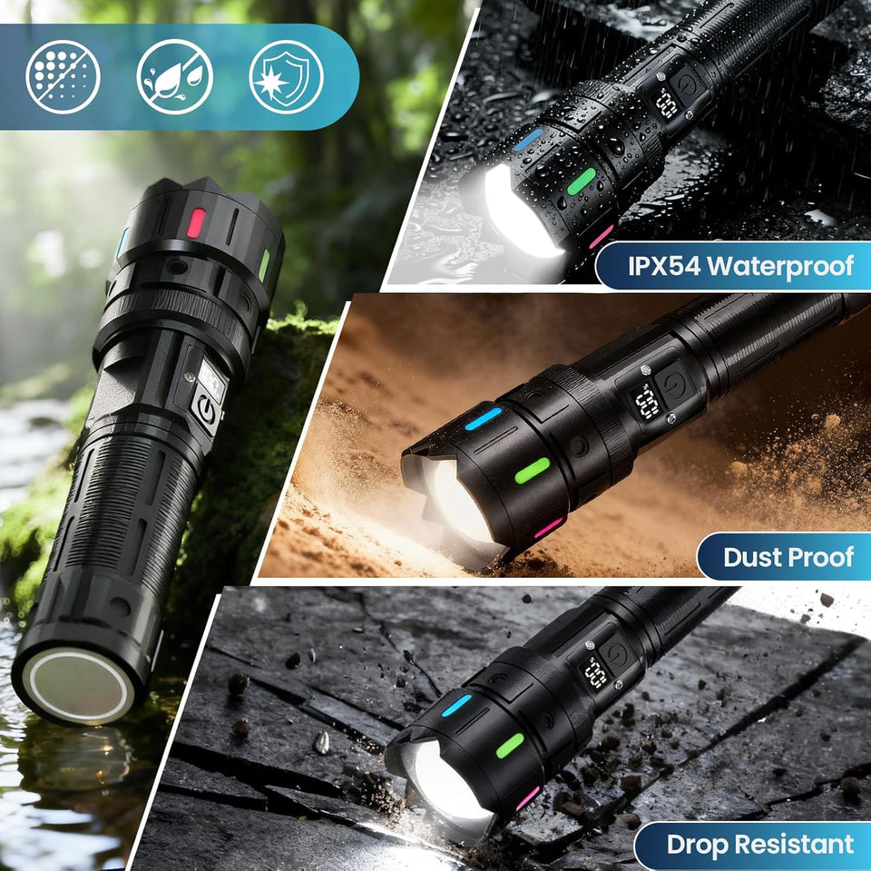 Rechargeable Flashlight 10000 High Lumens, 5 Modes Super Bright LED Flash light with Magnetic Tail,high powered 1000m Long Range linternas