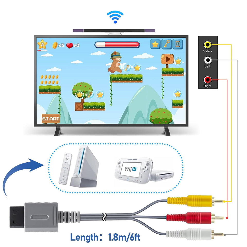 2 in 1 Wii Sensor Bar + Wii Composite Audio Video Cable, Wii AV Cables and Wired Motion Sensor Bar, Wii Replacement Cables Set Compatible with Wii Console