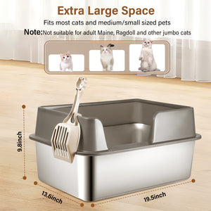 Stainless Steel Litter Box with Lid High Sides Litter Box Enclosed Metal Litter Box, Non Stick, Odor Control Easy Clean Medium to Large Pet Litter Pan with High Wall（19.6*13.3*9.8inch）