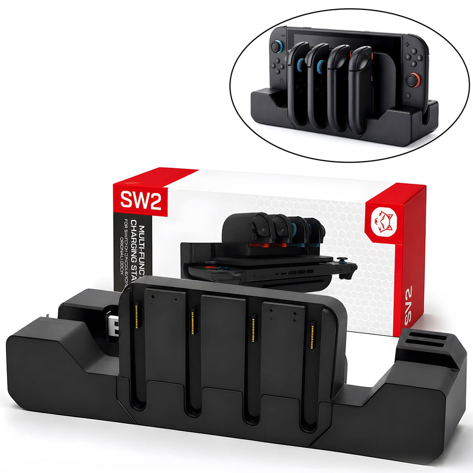 Multi-Function Charging Station for Switch 2, 4 Joy-Con Controller Charger Dock with 2 Game Card Slots & LED Indicators, Extra USB Port for Original Dock