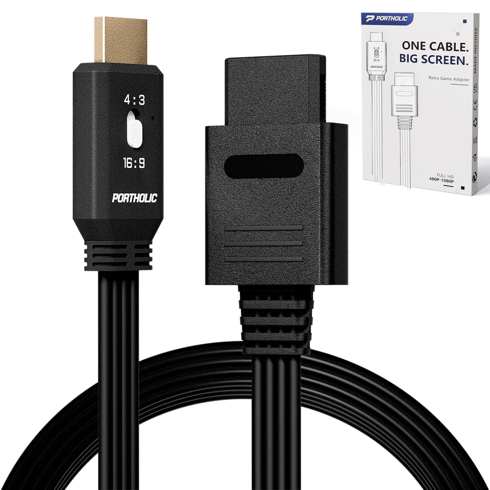 PORTHOLIC N64 to HDMI Converter, 4-in-1 HDMI Cable for GameCube SNES SFC, 4:3/16:9 Switchable, 1.5m/4.92FT, No External Power Needed
