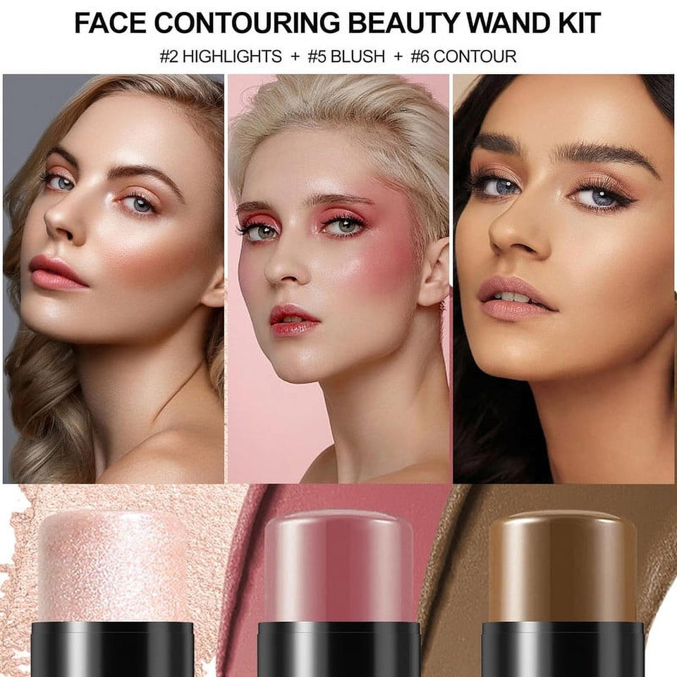 Contour Stick, Highlight Stick, Blush Stick, Cream Contour Kit with Brush, Create Face Contour, Non-greasy, Waterproof Long-lasting Effect, Highlighter Makeup Stick 3 colors