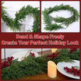 Christmas Norfolk Pine Garland, 9 ft Artificial Cedar Garlands Realistic Touch , Winter Greenery Garland for Holiday with 12 pcs Velvet Christmas Bows and 2 pairs Christmas Bells